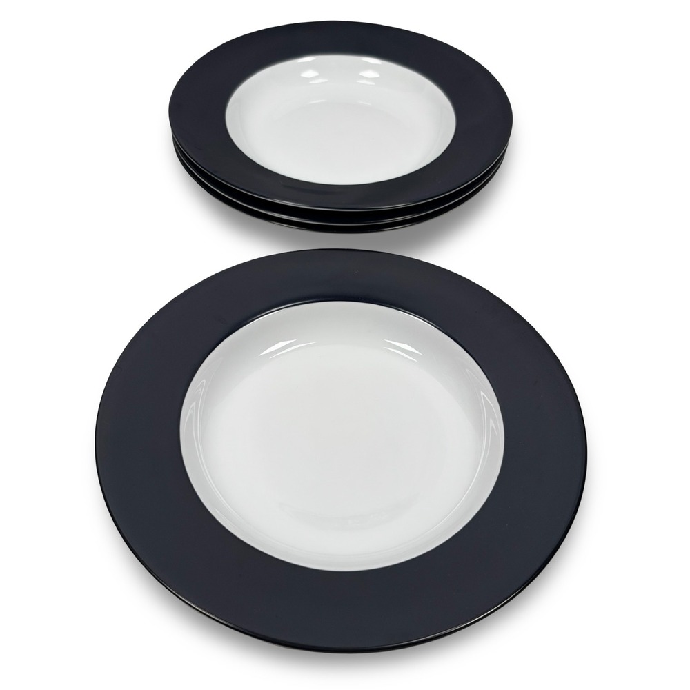 IKEA 365 Susan Pryke Set of 4 Rimmed Soup Pasta Bowls White Dark Blue Portugal